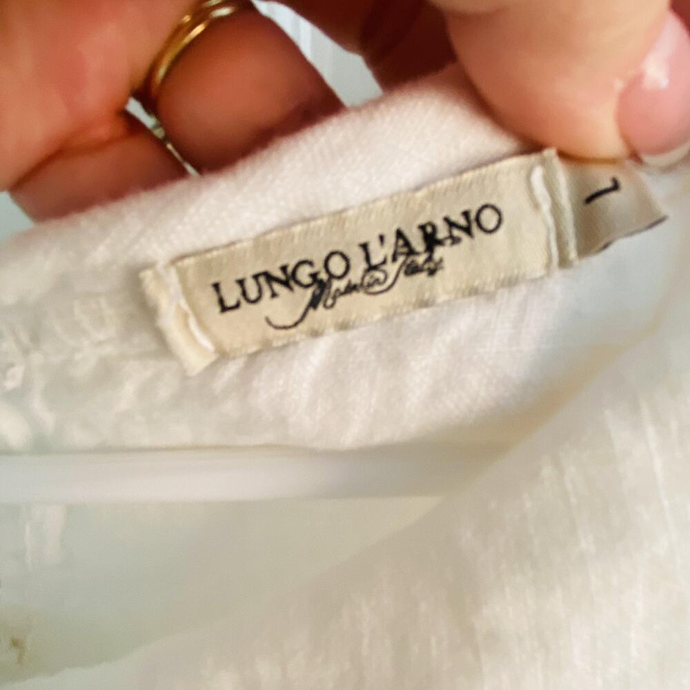 Lungo L'Arno Dress Womens Large White Navy Linen Collared Shift Mini Made Italy - Picture 2 of 7